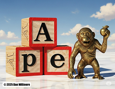 Picture of an ape with ABC blocks that spell the word "APE."