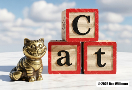 Picture of a cat with ABC blocks that spell the word "CAT."