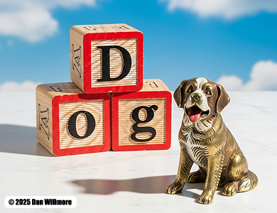 Picture of a dog with ABC blocks that spell the word "DOG."