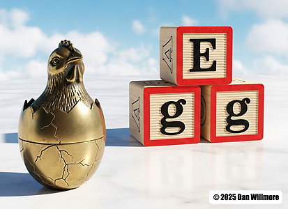 Picture of an egg with ABC blocks that spell the word "EGG."