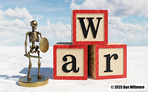 Picture of a skeleton with a sword with ABC blocks that spell the word "WAR."