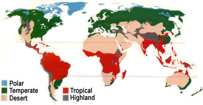 Real climatic zones, modified by the presence of mountains or seas