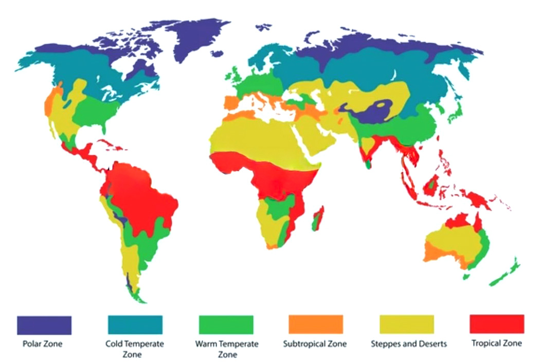 Real climatic zones, modified by the presence of mountains or seas