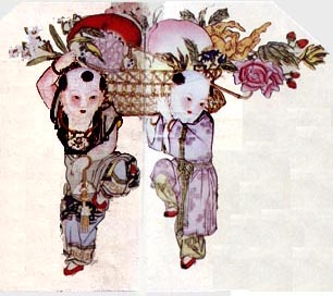 Picture of two boys carrying symbolic fruit